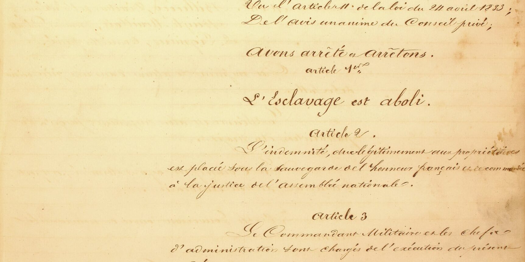 n°1 Arrêté d’abolition de l’esclavage à la Guadeloupe, 27 mai 1848. AD971.- 5 K 40 Arrêté abolition esclavage