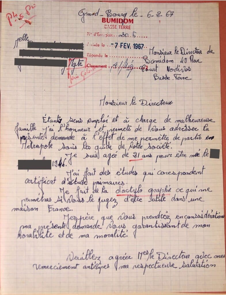 Dossier de candidat au départ via le Bumidom. Arch. dép. Guadeloupe, 1027 W 41
