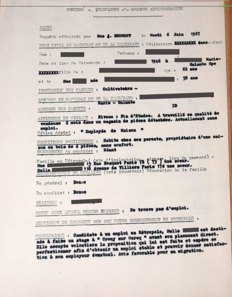 Dossier de candidat au départ via le Bumidom. Arch. dép. Guadeloupe, 1027 W 41