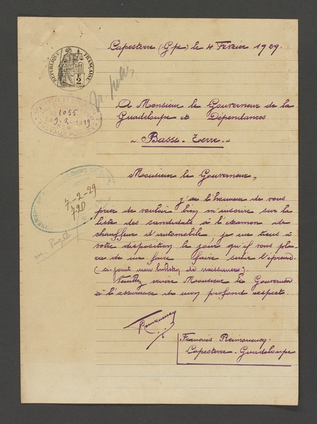 Lettre signée de François Reimonencq du 4 février 1929. Arch. dép. Guadeloupe, INC 49/1.
