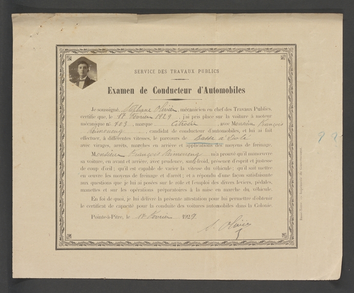 Examen de conducteur d’automobiles, brevet accordé à François Reimonencq, 17 février 1929. Arch. dép. Guadeloupe, INC 49/1.